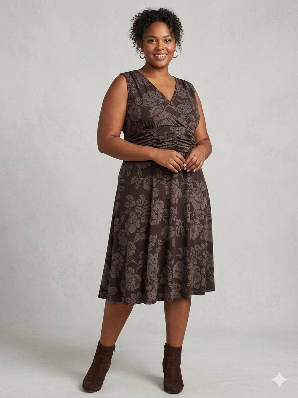 Aa Studio Brown Floral Midi Dress with Ruched Waist